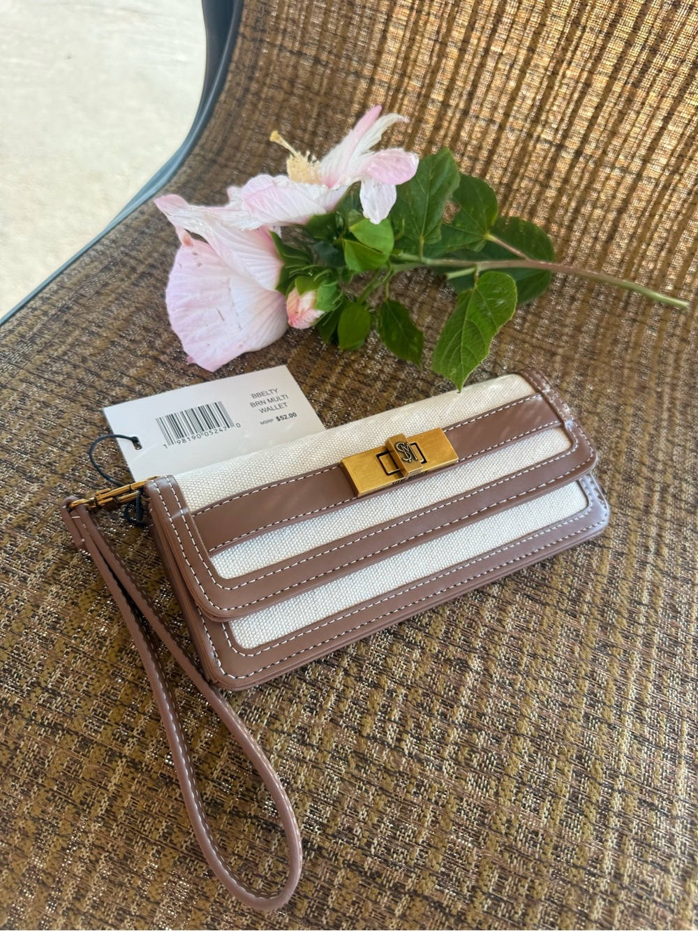 Steve Madden Beige and Taupe Canvas Wristlet with Unique Gold Accent Hardwares